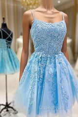 Straps Lace Applique Blue Homecoming Dresses,Fuchsia Cocktail Dresses