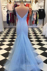 Straps Light Blue Mermaid Evening Prom Dresses Beaded Backless Formal Dresses
