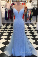 Straps Light Blue Mermaid Evening Prom Dresses Beaded Backless Formal Dresses