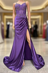 Straps Mermaid Long Evening Prom Dresses With Lace Top And Skirt Slit