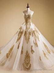 Stunning Gold Applique A Line Wedding Dresses Sweetheart Sweep