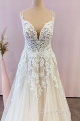 Stunning Long A-Line Spaghetti Straps Appliques Lace Tulle Wedding Dresses