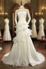 Stunning White Strapless Mermaid Organza Long Evening Prom Dresses Simple Wedding Dresses