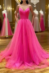 Stylish A Line V Neck Backless Hot Pink Long Evening Prom Dresses, Backless Hot Pink Formal Graduation Evening Dresses