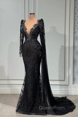 Stylish Black A-line Mermaid Evening Dresses Deep V-Neck Beadings Long Sleeves Evening Prom Dresses