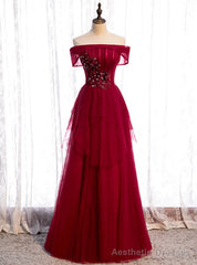 Stylish Burgundy Tulle Off the Shoulder Appliques Beading Prom Dress