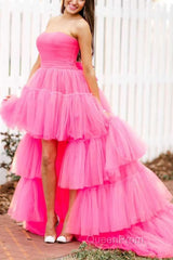Stylish High Low Strapless Fuchsia Evening Prom Dresses with Ruffles