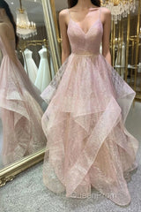 Stylish V Neck Backless Rose Gold Long Evening Prom Dresses, Backless Rose Gold Formal Dresses, Fluffy Rose Gold Evening Dresses