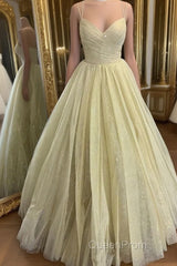 Stylish V Neck Open Back Yellow Evening Prom Dresses, Shiny V Neck Yellow Formal Evening Dresses, Sparkly Yellow Ball Gown