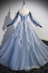 Sweet And Elegant Sky Blue Beaded Sequins Off The Shoulder Long Sleeved Ball Dresses Sky Blue A-Line/Princess Strapless Backless Strap And Ground Length Evening Prom Dresses