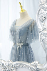 Sweet And Elegant Sky Blue Beaded Short Sleeved Sheer Ball Dresses With Sky Blue A-Shaped Backless Strap And Ground Length Evening Prom Dresses