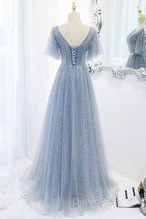 Sweet And Elegant Sky Blue Beaded Short Sleeved Sheer Ball Dresses With Sky Blue A-Shaped Backless Strap And Ground Length Evening Prom Dresses