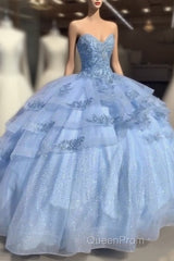 Sweet Blue Tulle Beaded Evening Prom Dresses Ball Gown Quinceanera Dresses