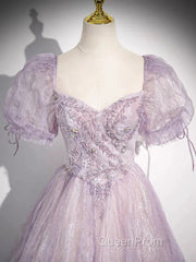Sweet Lilac A-Line Sweetheart Tulle Beaded Long Evening Prom Dresses Puffy Sleeves Graduation Dresses
