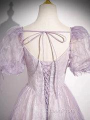Sweet Lilac A-Line Sweetheart Tulle Beaded Long Evening Prom Dresses Puffy Sleeves Graduation Dresses