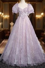 Sweet Lilac A-Line Sweetheart Tulle Beaded Long Evening Prom Dresses Puffy Sleeves Graduation Dresses
