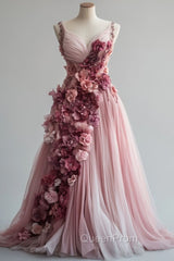 Sweet Pink A-Line Sweetheart Neck Tulle Long Evening Prom Dresses 3D Applique Wedding Dresses