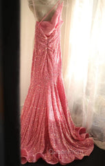 Sweet Pink Mermaid One Shoulder Sequined Pleated Long Evening Prom Dresses Backless Evening Dresses