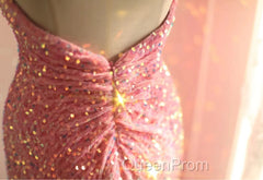 Sweet Pink Mermaid One Shoulder Sequined Pleated Long Evening Prom Dresses Backless Evening Dresses