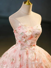 Sweet Strapless Tulle Flower Pink Print Evening Prom Dresses
