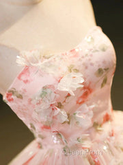 Sweet Strapless Tulle Flower Pink Print Evening Prom Dresses