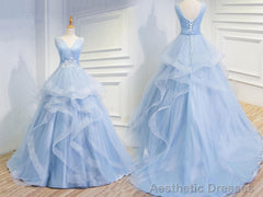 Sweetheart Baby Blue Organza V Neck Ruffles Appliques Prom Dresses