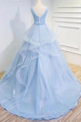 Sweetheart Blue Organza Ballgown V Neck Ruffles Appliques Evening Prom Dresses