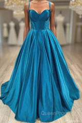 Sweetheart Blue Satin A Line Formal Evening Prom Dresses