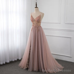 Sweetheart Crystal Prom Dresses Straps Spaghetti Tulle Evening Gown Split Side