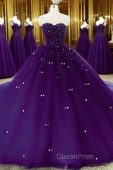 Sweetheart Crystals Evening Prom Dresses Ball Gown Beaded Purple Quinceanera Dresses