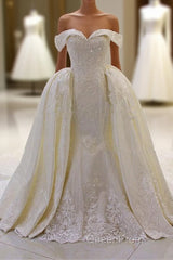 Sweetheart Lace Appliques Off the Shoulder Detachable Train Wedding Dresses