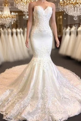 Sweetheart Lace Mermaid Wedding Dresses | Strapless Fit And Flare Bridal Gowns Evening Prom Dresses