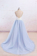 Sweetheart Neck Backless Blue And White Sweep Train Lace Evening Prom Dresses, Formal Dresses