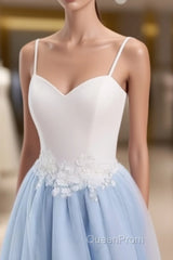 Sweetheart Neck Backless Blue And White Sweep Train Lace Evening Prom Dresses, Formal Dresses