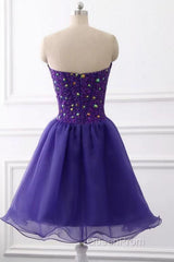 Sweetheart Neck Beaded Dark Purple Short Evening Prom Dresses, Strapless Dark Purple Homecoming Dresses, Dark Purple Beaded Formal Evening Dresses
