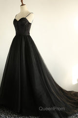 Sweetheart Neck Black Tulle Long Evening Prom Dresses, Thin Straps Black Formal Evening Dresses, Black Ball Gown