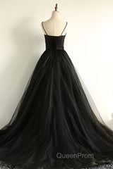 Sweetheart Neck Black Tulle Long Evening Prom Dresses, Thin Straps Black Formal Evening Dresses, Black Ball Gown