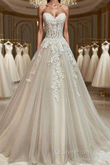 Sweetheart Neck Champagne Tulle Lace Long Evening Prom Dresses, Strapless Champagne Formal Dresses, Champagne Lace Evening Dresses