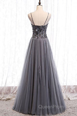Sweetheart Neck Grey Sequins Tulle Long Evening Prom Dresses, Grey Sequins Formal Evening Dresses