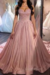 Sweetheart Neck Pink Lace Evening Prom Dresses, Pink Lace Long Formal Evening Dresses