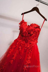 Sweetheart Neck Red Lace Floral Long Evening Prom Dresses, Red Lace Formal Evening Dresses, Red Ball Gown