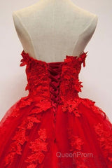 Sweetheart Neck Red Lace Floral Long Evening Prom Dresses, Red Lace Formal Evening Dresses, Red Ball Gown