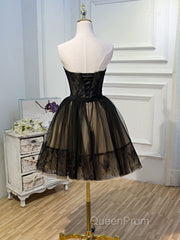 Sweetheart Neck Short Black Lace Evening Prom Dresses, Short Black Lace Graduation Homecoming Dresses