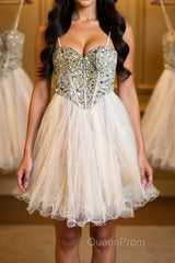 Sweetheart Neck Spaghetti Straps Tulle Champagne Homecoming Dresses, Champagne Short Evening Prom Dresses, Graduation Dresses, Evening Dresses