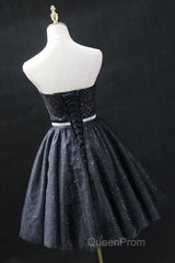 Sweetheart Neck Strapless Black Short Evening Prom Dresses, Open Back Black Homecoming Dresses, Black Formal Evening Dresses