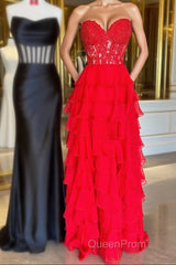 Sweetheart Red Corset Chiffon Ruffle Long Evening Prom Dresses
