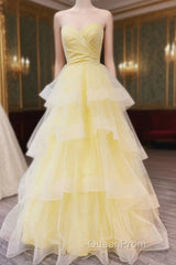 Sweetheart Tulle Yellow Ruffles Long Evening Prom Dresses