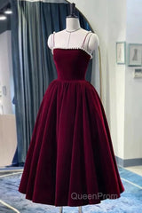 Tea Length Velvet Evening Prom Dresses, Velvet Tea Length Formal Homecoming Dresses