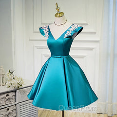 Teal Blue Satin Short Party Dresses With White Lace, Blue Homecoming Dresses Evening Prom Dresses