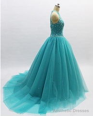 Teal Blue Tulle Beaded Ball Gown High Neckline Sweet 16 Dress, Blue Quinceanera Dresses